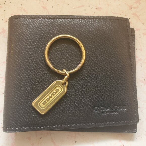 Men's Coach Wallet and Brass  Vintage Thick Gold Brass Bag Fob Key Ring - Picture 1 of 3
